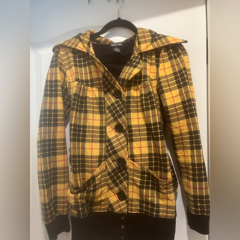 Wet Seal Yellow and Black Plaid Trench Coat